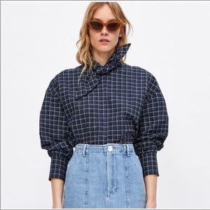 Zara, Plaid Tie Neck Button Up Blouse, Navy Black, Women’s Large